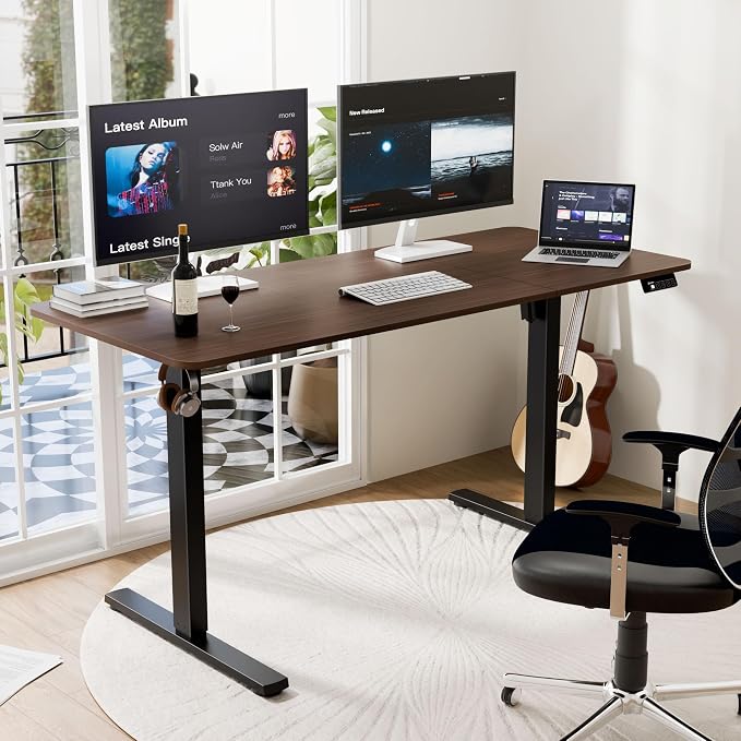 55"x24" Standing Desk, Height Adjustable Sit-Stand Home Office, Walnut | Electric Adjustable Standing Desk, Sit to Stand Computer Office Desk with Splice Board, Memory Preset, Lifts 28.7''-46.5"