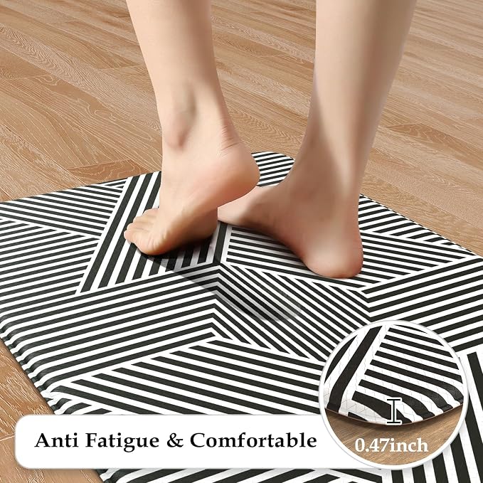 KIMODE Anti Fatigue Kitchen Mats, Padded Kitchen Floor Mats 17"x47"+17"x29" | Geometric Kitchen Rugs Sets of 2, Black White Rugs for Kitchen Floor, Cushioned Standing Mat for Laundry Office Sink Desk
