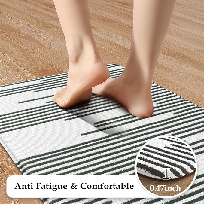 KIMODE Anti Fatigue Mats for Kitchen Floor,Farmhouse Kitchen Rugs Sets of 2 | 17"x47"+17"x29" Cushioned Kitchen Floor Mat Non Skid,Memory Foam Kitchen Mat for Laundry Office Sink Desk Black Lines Decor