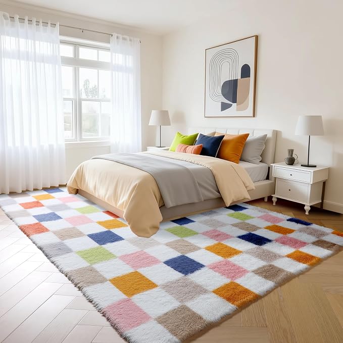 KICMOR Rugs for Living Room 5x7, Fluffy Soft Colorful Checkered Shag Area Rug Fuzzy Shaggy Carpet for Bedroom, Indoor Rainbow Plush Rug for Teen Kids Boys Girls Dorm Nursery Home Decor Aesthetic