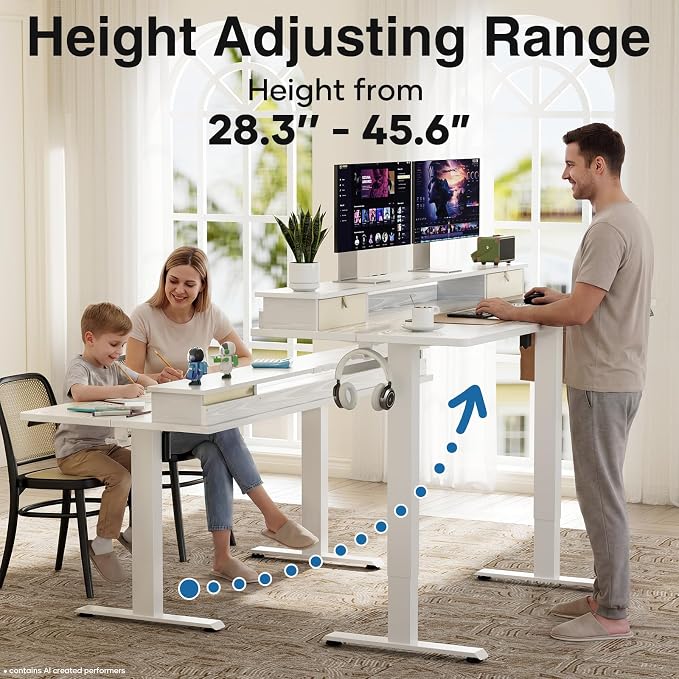 Veken 55x26 in Electric Standing Desk with Drawers, Adjustable Table, White | Stand up Computer Desk for Home Office, Work & Study, with Storage, 3 Memory Presets, Cable Organizer, Hook, and Quiet Lift.