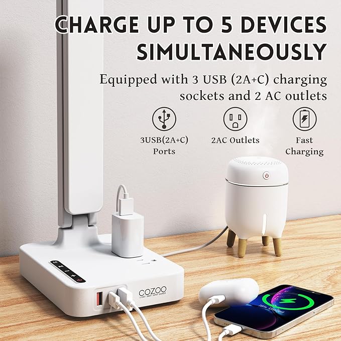 Desk Lamps for Home Office,Modern LED Desk Lamp for Dorm with USB Type C Port 2 AC Power Outlets,3 Lighting Mode,3 Level Brightness,Touch Control/Timer/Eye-Caring Foldable Table Lamp Study Desk Light