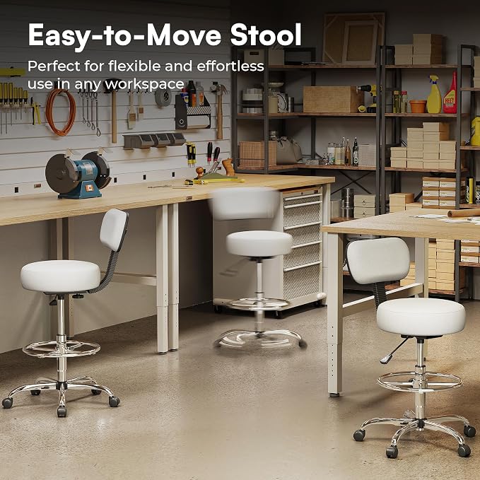 SUPERJARE Drafting Chair with Back, Adjustable Foot Rest Rolling Stool, Multi-Purpose Office Desk Chair, Thick Seat Cushion for Home Bar Kitchen Shop - White