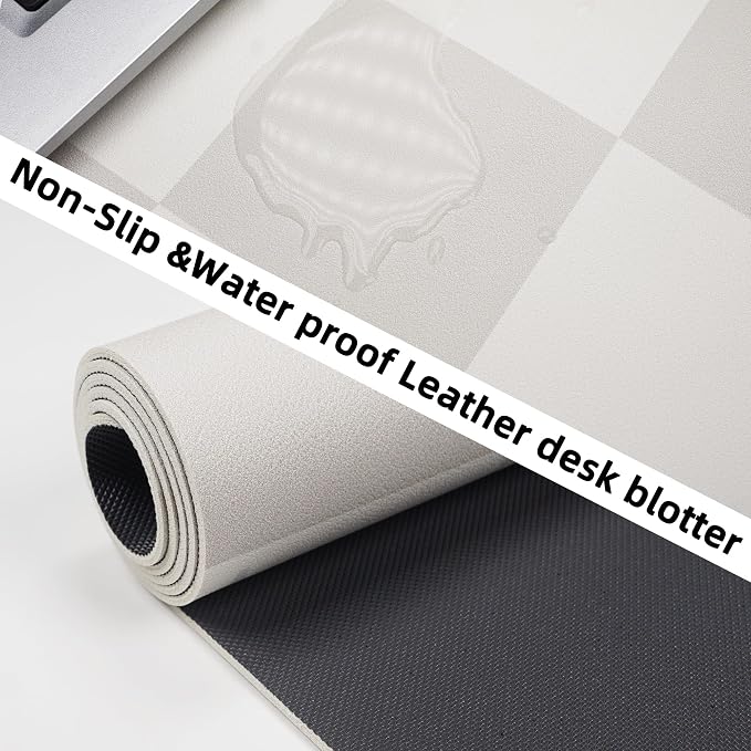 AFIING Leather Desk Mat, 31.5"x12", White Grey | Non-Slip Rubber Base, Easy Clean Surface, Desk Protection, Office & Home