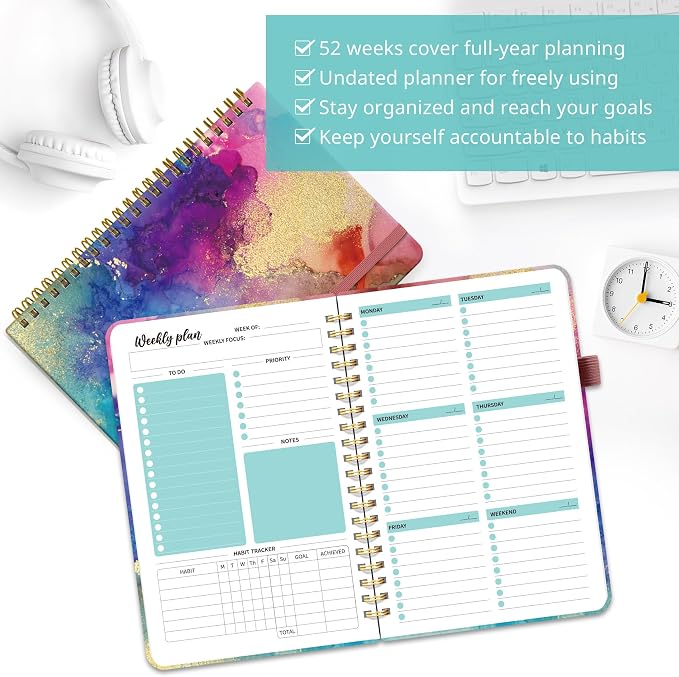 Taja Undated Weekly Planner, Weekly To Do List Notebook with Goal & Habit Tracker Organizer, A5 Weekly Planner Notebook with Spiral Binding, 6.1" x 8.2" - Color Splash