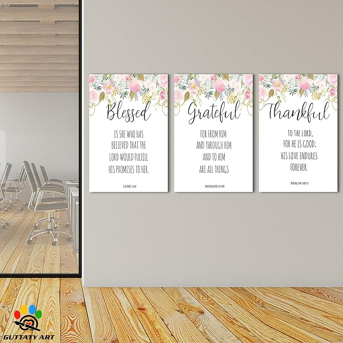 3 Piece Inspirational Canvas Wall Art, Jesus Scripture Wall Art for Religious Wall Decor, Motivational Quotes Flowers Print Picture, Bible Poster Framed Artwork for Christian Office Decor 20”x30”x3Pcs