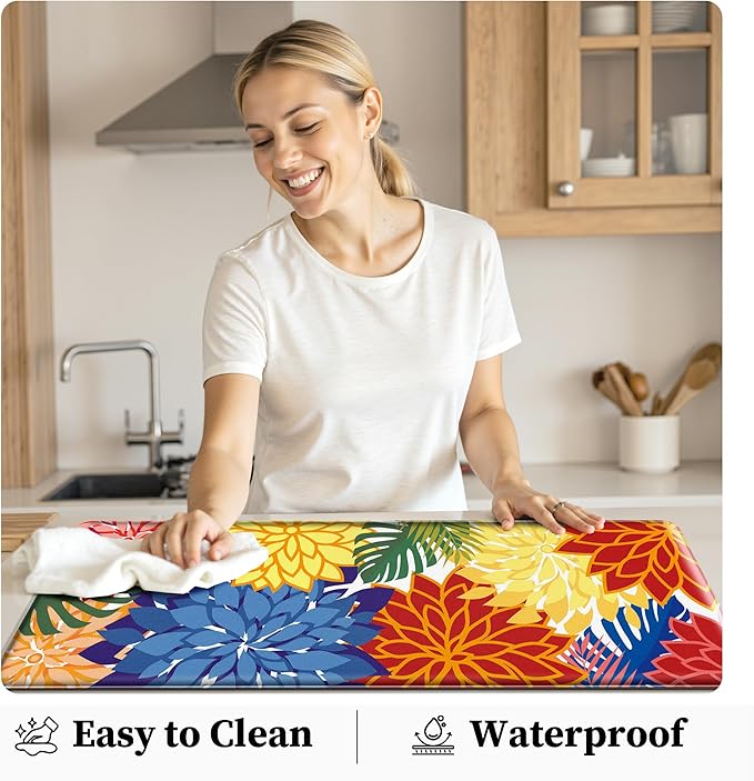 Arenarug Kitchen Mats for Floor 2PCS Cushioned Anti Fatigue Kitchen Mats Waterproof Non Slip Kitchen Mat Rug Set Comfort Foam Standing Mat for Sink, Laundry, Office,17.3" x 28" + 17.3" x 59", Colorful