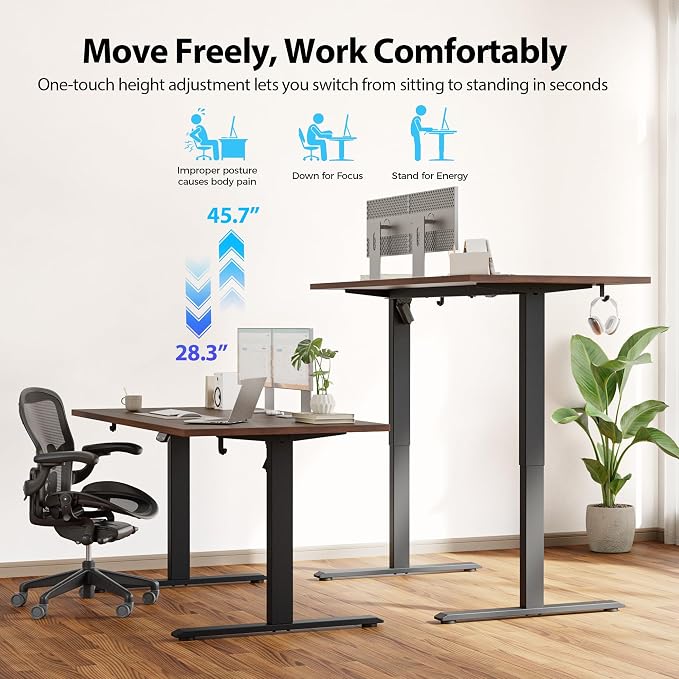 Agilestic Electric Standing Desk, 63 x 28 Inches Height Adjustable Desk, Sit Stand up for Work Office Home, Ergonomic Rising Computer Table with Memory Preset, Dark Walnut