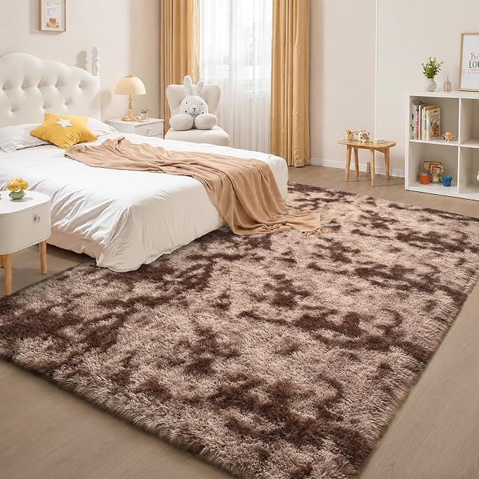Zentavio Area Rugs for Living Room Large Rugs for Bedroom 6x9 Soft Carpet Fluffy Furry Shag Aesthetic Plush High Pile Gray Throw Rug for Nursery Kids Room Dorm Tie-Dyed Coffee