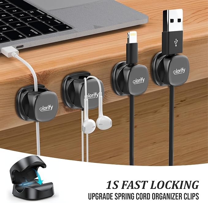 12 Pack Rotatable Spring Cable Clips, Adhesive Cord Organizer for | Charging Cords, Phone Charging Clips, Laptop, Nightstand & Desk Cable Management for Home & Office Use (Black)