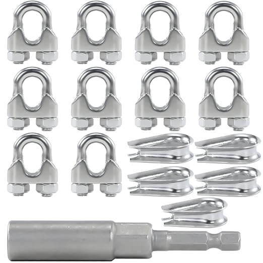 10Pcs M6 1/4 Inches Stainless Steel Wire Rope Clips,5PCS Thimbles | Corrosion resistant,easy to install with 1 nut driver,suitable for 3/16"-1/4" diameter wire rope or cables