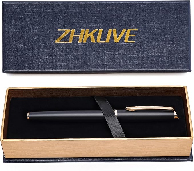 ZHKUVE Luxury Rollerball Pen, Stunning Black Lacquer with 24K Gold Trim, Switzerland Tip with Black Ink Refills, Elegant Gift Set for Men & Women, Executive Writing