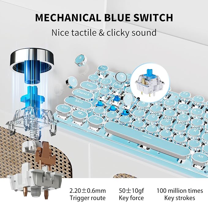 SEUNKWANG EWEADN TK950 Typewriter Keyboard Wireless Mechanical Keyboard, 104 Keys Aesthetic Typewriter Keyboards with White Backlit, Anti-Ghosting, Blue Switch Bluetooth/2.4GHz/Wired Keyboards-Blue