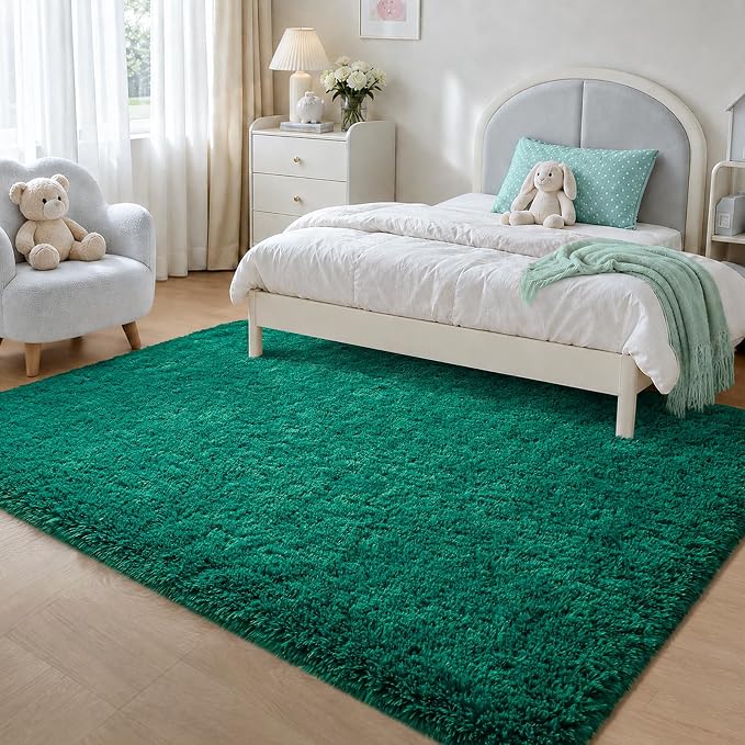 Zentavio Emerald Green Rugs for Bedroom 4x6 Dark Green Area Rugs for Living Room Fluffy Fake Grass Carpet for Kids Room Playroom Furry Shag Aesthetic Soft High Pile Washable Home Decor