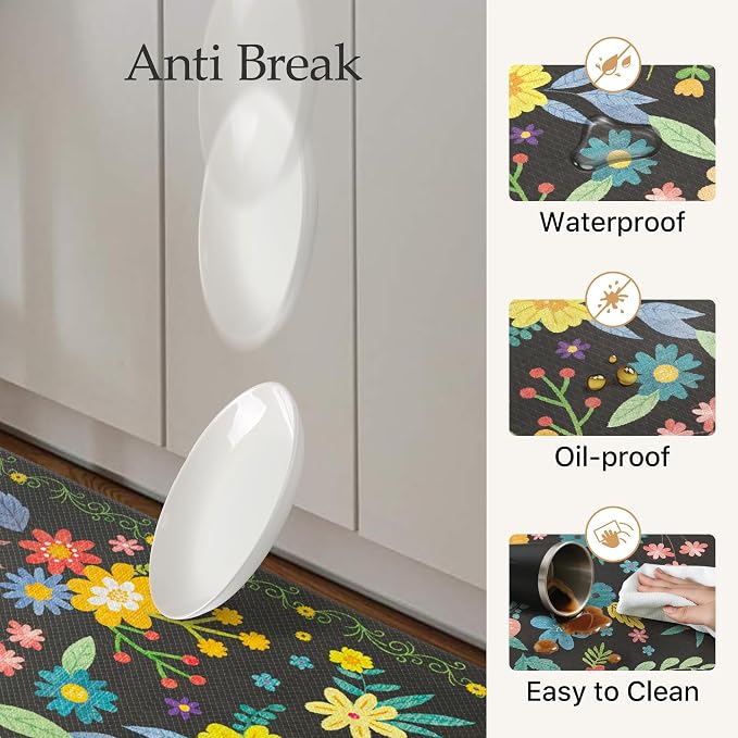 GENIMO Anti Fatigue Kitchen Mats for Floor 2PCS, Cushioned Standing Mats | 23"x71"&20"x32", Black vintage floral rug set, waterproof, non slip, easy-clean for farmhouse