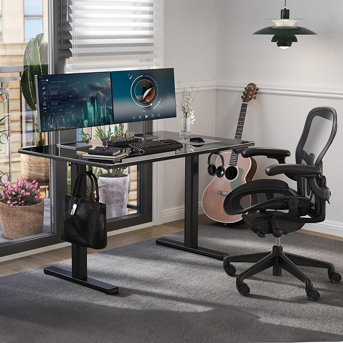 Claiks Glass Standing Desk, 40x24 Inch, Super Black | Adjustable Height, Tempered Glass Top, Stand Up, Quick Install, 3 Memory Presets