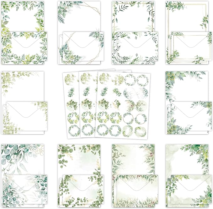 Stationery Paper Envelopes Set 160 Pcs - 50 Lined Writing Paper, 50 Envelopes, 60 Dot Stickers, Vintage/Floral/Leaf/Watercolor Multi-Style Options (STATIONERY-160PCS-LEAF)