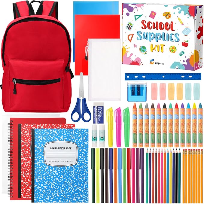 Gilprop 79 Pcs Back to School Supplies Box for Kids K-5 Students Elementary Middle School Supplies Kit Bundle Bulk Essential Pen Notebook Stationery for Primary Student Classroom(Red)
