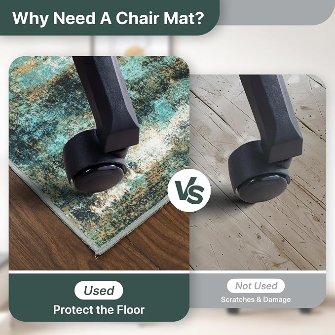 36"x60" Office Chair Mat for Hardwood Tile Floor, Under Desk Carpet Protector for Rolling Computer Chair Mat, Machine Washable Area Rug, Anti-Slip 1/5" Thick Low Pile Thin Vinyl Floor Mat, Teal Blue