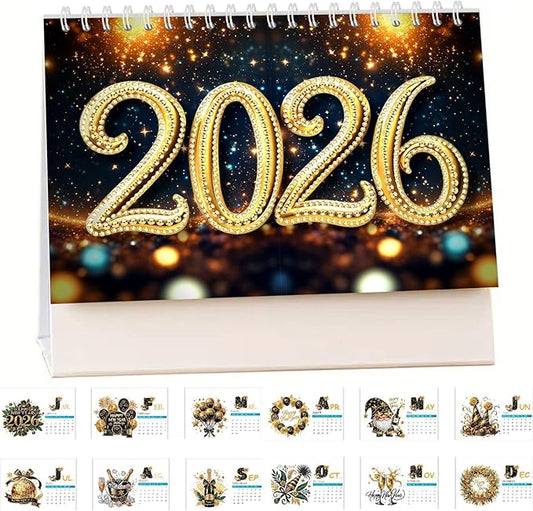 2026 DIY Diamond Art Desk Calendar Creative Design Thick Paper Calendar Ornaments Diamond Art Painting Monthly Flip Tabletop Calendars for Office Planning Home Decor-Happy New Year