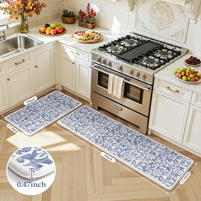 LEEVAN Anti Fatigue Mats for Kitchen Floor Sets of 2, Vintage Distressed Blue Cushioned Kitchen Mat for Laundry,Non Slip Memory Foam Standing Mat for Home, Office, Desk,Sink(17.3"x29"+17.3"x59")