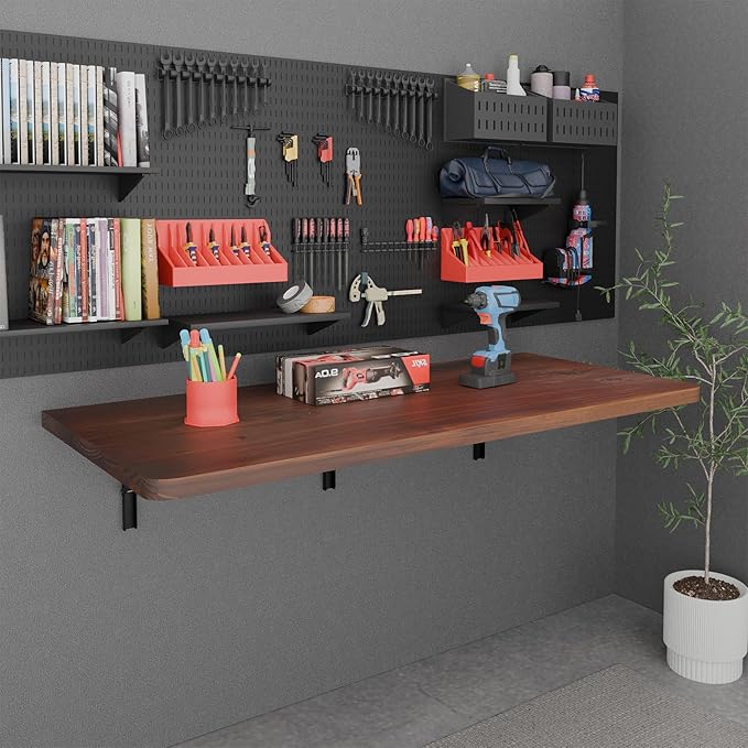 IAE Floating Wall Mounted Folding Table Desk with Pine Wood,48"x22" Folding Workbench,Fold Down wall Mounted Foldable Table with Shelf Brackets,Laundry Folding Table for Apartment,Home,Kitchen,Walnut
