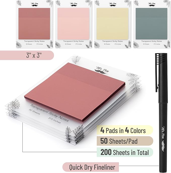 Mr. Pen- Transparent Sticky Notes, 3x3, 200 Sheets, Vintage Colors, See Through Sticky Notes Clear, Translucent Sticky Notes, Stocky Notes for Bible Journaling