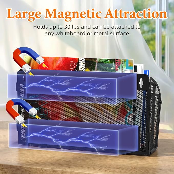 Magnetic File Holder 2 Tier Magnetic File Folder Organizer Folding, Office Hanging Magazine Rack for File Cabinets, Magnetic Paper Holder, No Drilling Mail Organizer for Refrigerator, Office