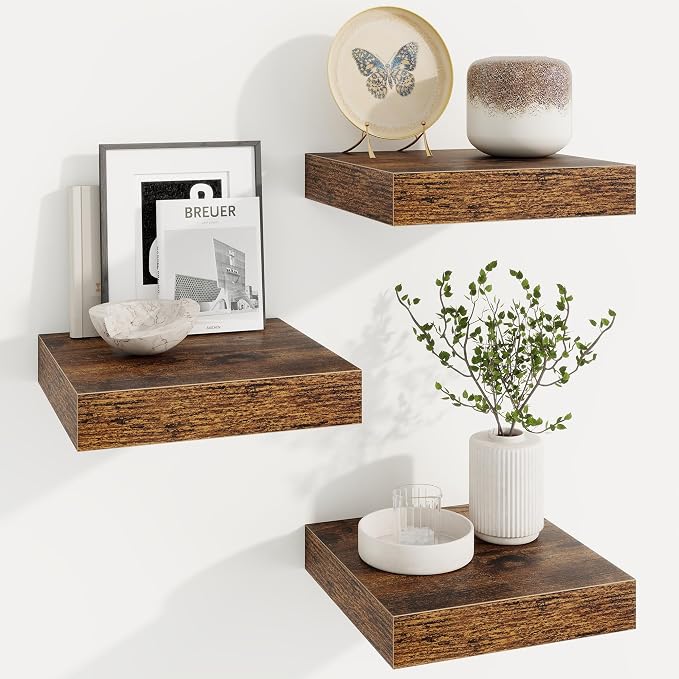 Square Floating Shelves for Wall, 10"W x 10"D x 1.25"H, 3 Packs Small Wall Mounted Engineered Wood Shelves with Invisible Brackets for Living Room, Bedroom, Bathroom, Kitchen Decor, Rustic Brown
