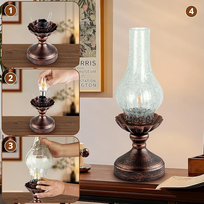 Vintage Table Lamp | Touch Control & 3-Way Dimmable Rustic Retro Farmhouse Bedside Lamp with Clear Glass Shade and LED Bulb for Bedroom, Living Room, Cabin, Office