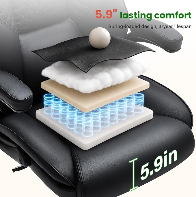 CIOMAN 500lbs Big and Tall Office Chair with Inflatable Lumbar Support, Rubber Wheels Executive Chair with Rocking Function, High Back Wide Cushion Ergonomic Desk Chair for All-Day Sitting,Black