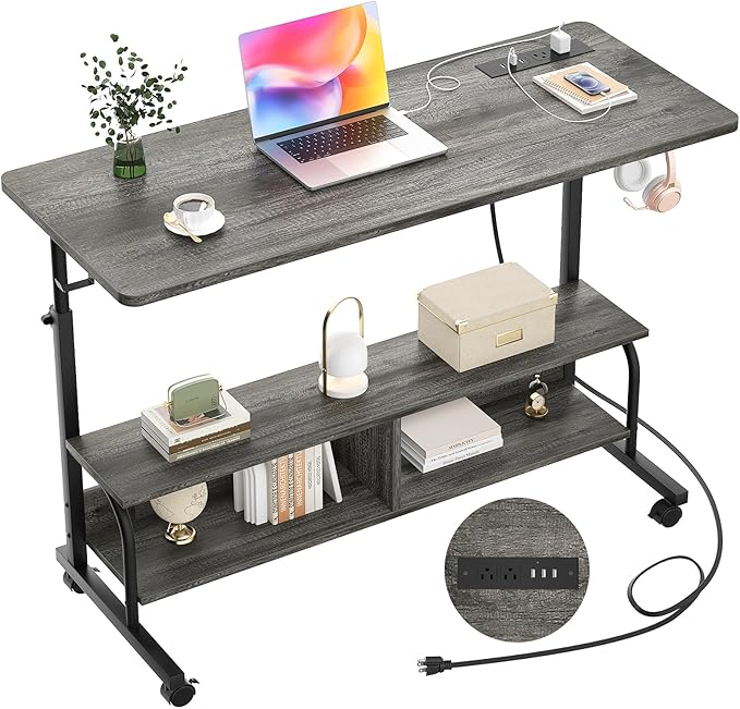 Armocity Rolling Standing Desk with Charging Station, Portable Height Adjustable Mobile Computer Desk with Wheels & 2-Tier Shelves & Hooks, Easy Assembly Laptop Table for Couch Bed, 47" Grey Oak