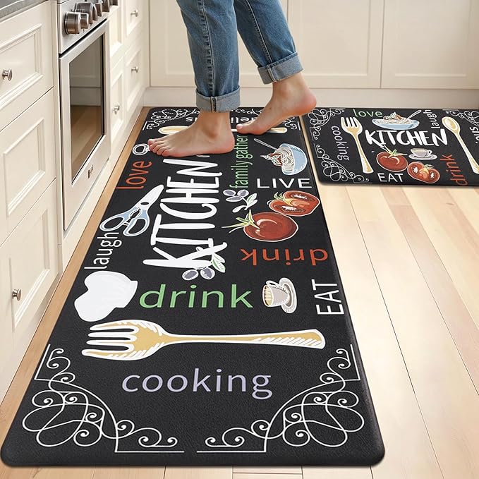 HEBE Kitchen Rugs Set of 2, Cushioned Anti Fatigue Kitchen Mats for Floor, Non Slip Waterproof Comfort Standing Desk Mat Carpet for Sink, Stove, Laundry Room, Colorful