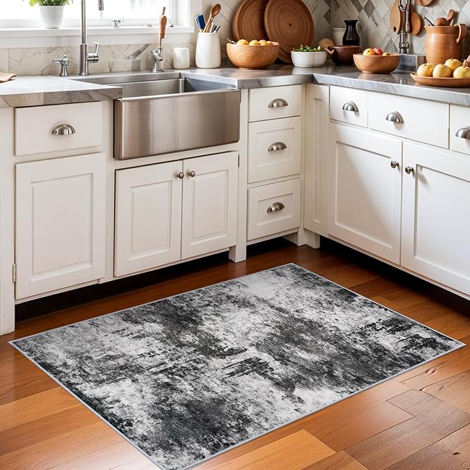RUUGME 2x3 Abstract Area Rug: Small Washable Entryway Rug Indoor Non Slip Stain Resistant Kitchen Floor Mat for Sink Bathroom - Soft Low Pile Modren Thin Throw Carpet for Home Decor (2x3 Black-White)