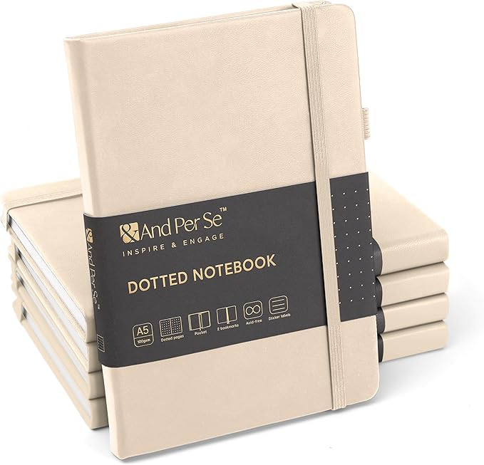 &And Per Se Dotted Journals Bulk 5-Pack, A5 Hardcover, 160 Pages 100gsm Thick Paper, Dotted Journal Supplies for Workshops, Art Classes, Creative Studio – 3 Sticker Sheets Each (Light Apricot