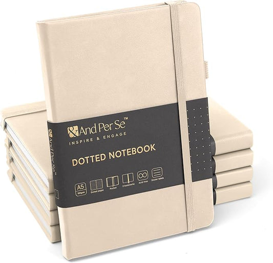 &And Per Se Dotted Journals Bulk 5-Pack, A5 Hardcover, 160 Pages 100gsm Thick Paper, Dotted Journal Supplies for Workshops, Art Classes, Creative Studio – 3 Sticker Sheets Each (Light Apricot
