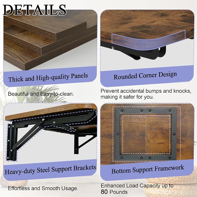 TEAMIX Wall Mounted Folding Table, Rustic Brown Floating Wall Desk for Small Spaces, Drop Leaf Dining Table for Kitchen Fold Down Laundry Shelf with Heavy-Duty Brackets
