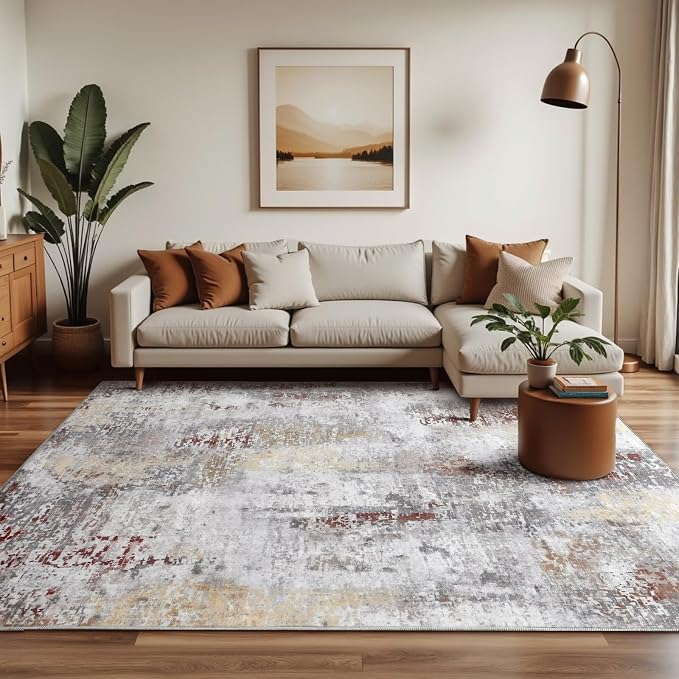 Macgace Washable Abstract Rug, 4x6 Modern Area Rugs with Non-Slip Rubber Backed for Living Room, Thin but Soft Contemporary Carpet Kitchen Bedroom Decor, Rusty Brown