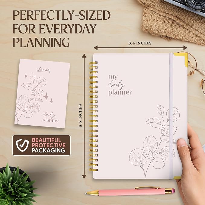Decorably 120 Pages My to Do Planner Undated Notebook with Gold Corners, 6.4x8.5in Aesthetic Spring-Bound with Simplified Sections & Inspirational Quotes, Checklist, Contacts - Home, School, Office