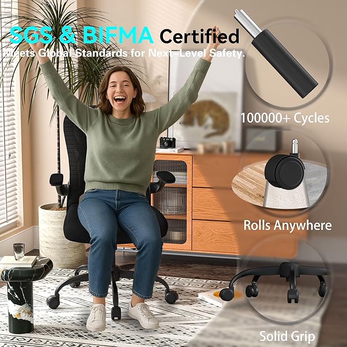 Ergonomic Home Office Chair – 4-Way Lumbar Support, 3.54" Extra-Thick Seat Cushion, Breathable Mesh Back, Flip-Up Arms, Swivel Computer Desk Chair for All-Day Sitting, 330LBS