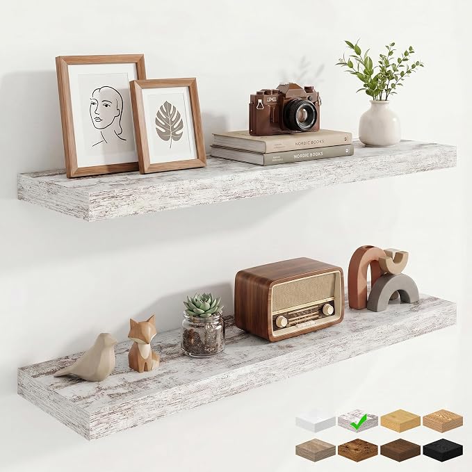 36in Floating Shelves for Wall, 36"W x 9.25"D x 1.25"H, 2 Pack Long Wall Mounted Engineered Wood Shelves with Invisible Brackets for Living Room, Bedroom, Bathroom, Kitchen, Vintage White