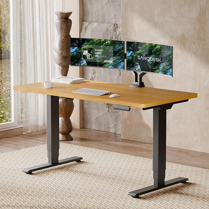 SANODESK Dual Motor Standing Desk 220lbs Height Adjustable Desk | 55"x28" Spacious One-Piece Maple Desktop & Black Frame, 4 Memory Presets, 3-Stage Legs, 220lbs, 2-Box for Home & Office