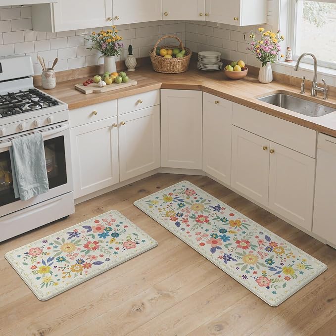 GENIMO Anti Fatigue Kitchen Mats for Floor 2PCS, Cushioned Standing Mats | 17.3"x47"&17.3"x30", SoftWhite vintage floral rug set, waterproof, non slip, easy-clean for farmhouse