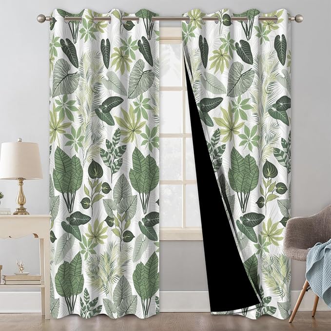 Blackout Curtains 84 Inch Length 2 Panels Set, Tropical Leaves Pattern Printed Thermal Insulated Drapes Noise Reduction Room Darkening Grommet Blackout Curtains for Bedroom Living Room Window