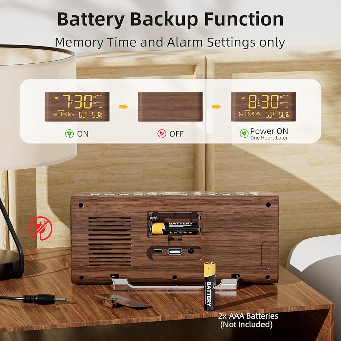Raynic Digital Alarm Clock, 8.7" Large LED Display, Dual Alarms for Bedroom | USB & Type-C Charging Ports, Temperature & Humidity Display, 5-level Dimmer & Volume, Dark Wood Grain Finish for Home Office