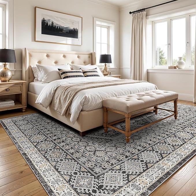6x9 Area Rugs for Living Room:Washable Oriental Rug for Bedroom Dining Room Carpet 6 by 9 Indoor Non Slip Rubber Backing Neutral Nursery Dorm Home Office Kids Beige (Black, 6x9)