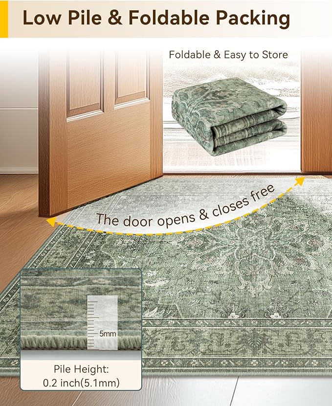 RELEANY Area Rugs Runner 3'x20' Washable Non-Slip, Floral Vintage Distress Medallion Carpet for Kitchen Hallway Bedroom Beside Laundry Room Bathroom, Dark Green Gray