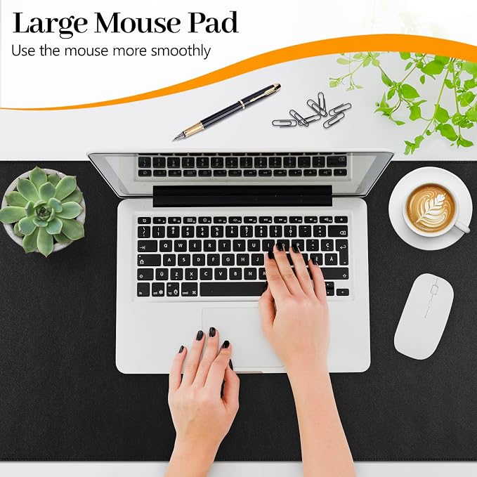 Black Leather Desk Pad Large Mouse Pad, 31.5"x15.7" | Waterproof Desk Mat for Keyboard and Mouse, Non-Slip Computer Desk Protector, Smooth Mouse Control for Home Office