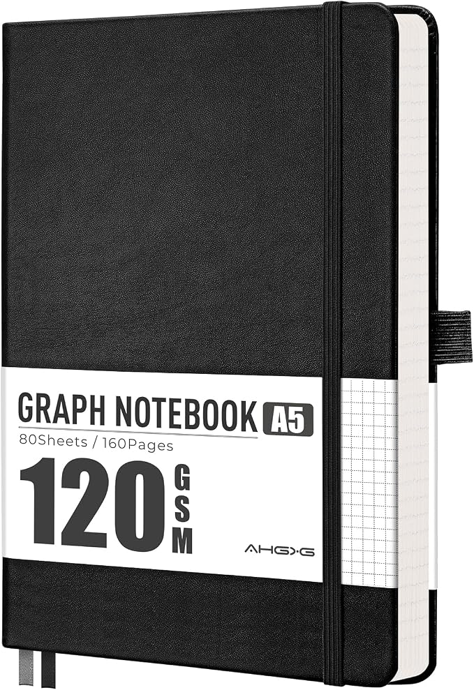 AHGXG Graph Grid Paper Notebook, 160 Pages, A5 Medium Size (5.7'' x 8.3''), 120 GSM Thick Paper, Leather Hardcover, for School, Students, Math, Engineering (Black)