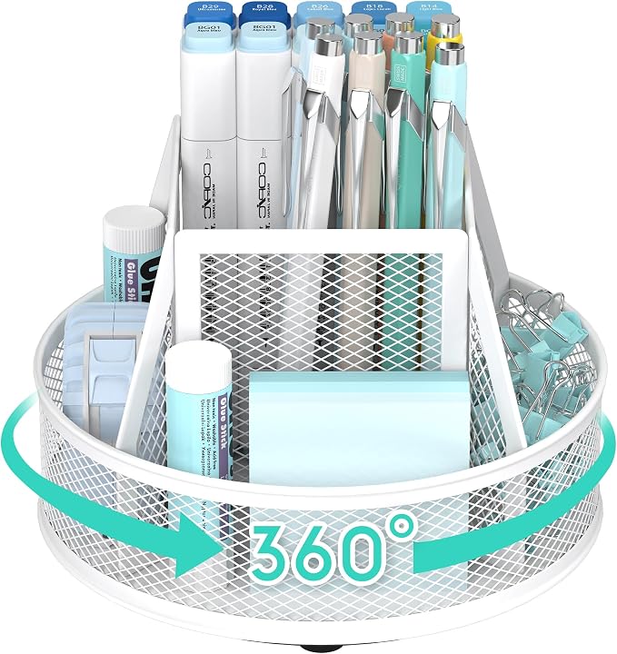 YINGHUA Metal Mesh Desk Organizer with 5 Compartments and Rotating Pencil Holder Pen and Stationery Organizer for Office Home School Anti Slip Base White